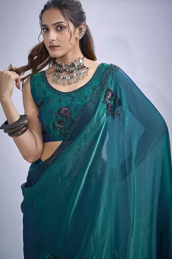 Teal blue sequin embroidery work satin silk blend saree for women
