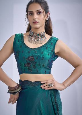 Teal blue sequin embroidery work satin silk blend saree for women 5