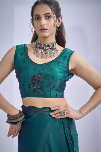 Teal blue sequin embroidery work satin silk blend saree for women