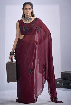 Maroon sequin embroidery work satin silk blend saree for women 1