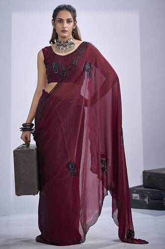 Maroon sequin embroidery work satin silk blend saree for women