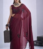 Maroon sequin embroidery work satin silk blend saree for women