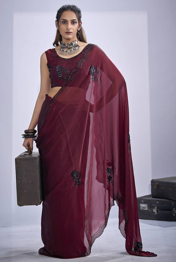Maroon sequin embroidery work satin silk blend saree for women