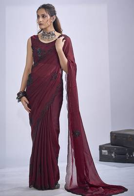 Maroon sequin embroidery work satin silk blend saree for women 2