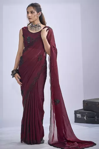 Maroon sequin embroidery work satin silk blend saree for women