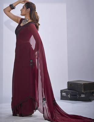 Maroon sequin embroidery work satin silk blend saree for women 3