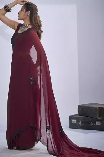 Maroon sequin embroidery work satin silk blend saree for women