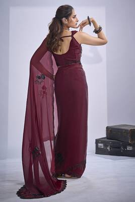 Maroon sequin embroidery work satin silk blend saree for women 4