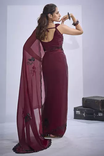 Maroon sequin embroidery work satin silk blend saree for women