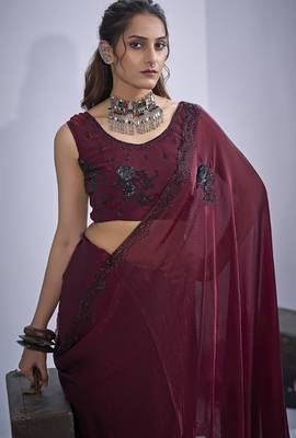 Maroon sequin embroidery work satin silk blend saree for women 5