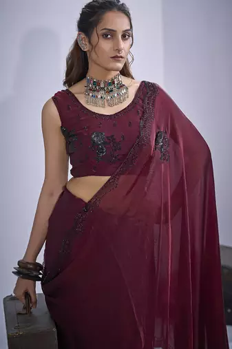 Maroon sequin embroidery work satin silk blend saree for women