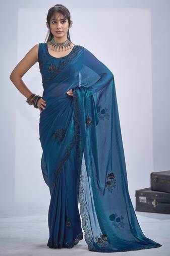Blue sequin embroidery work satin silk blend saree for women