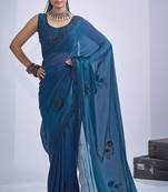 Blue sequin embroidery work satin silk blend saree for women