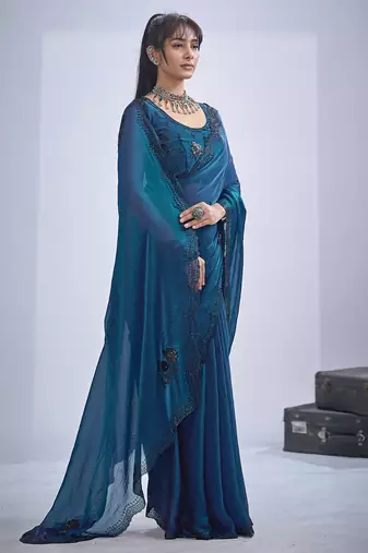 Blue sequin embroidery work satin silk blend saree for women