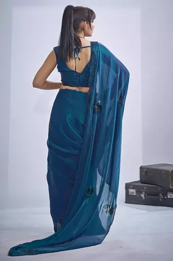 Blue sequin embroidery work satin silk blend saree for women