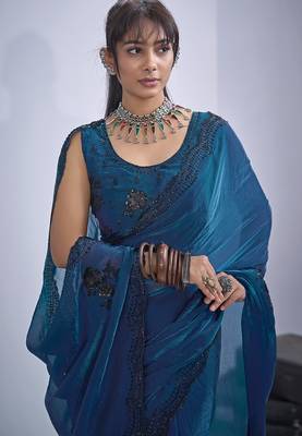 Blue sequin embroidery work satin silk blend saree for women 4