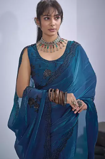 Blue sequin embroidery work satin silk blend saree for women