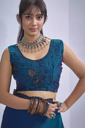 Blue sequin embroidery work satin silk blend saree for women