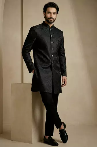 Black donier jacquard premium designer festive wear indo western set