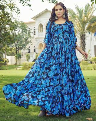 Women blue floral print georgette fit & flare gown 5