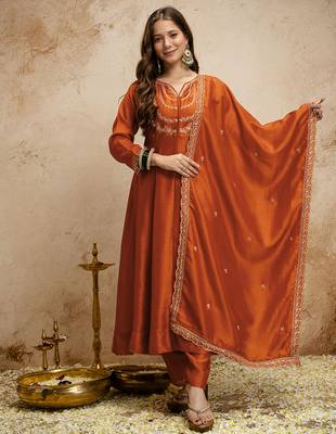 Orange vichitra silk embroidered kurti sharara set with dupatta 1