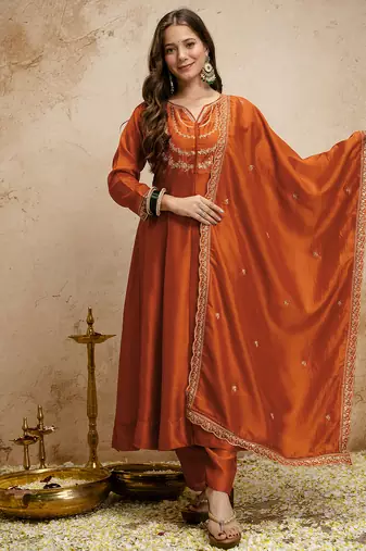 Orange vichitra silk embroidered kurti sharara set with dupatta