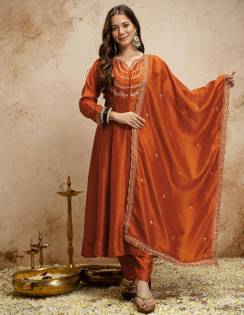 Orange vichitra silk embroidered kurti sharara set with dupatta