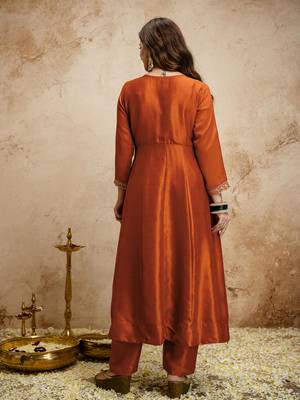 Orange vichitra silk embroidered kurti sharara set with dupatta 2