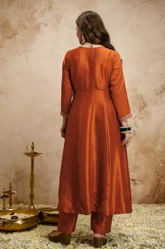 Orange vichitra silk embroidered kurti sharara set with dupatta