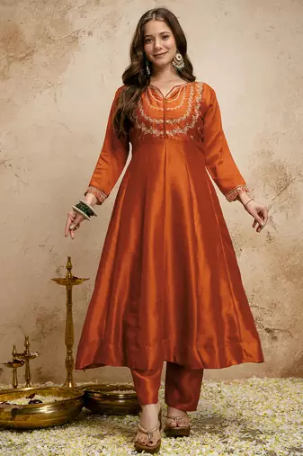 Orange vichitra silk embroidered kurti sharara set with dupatta