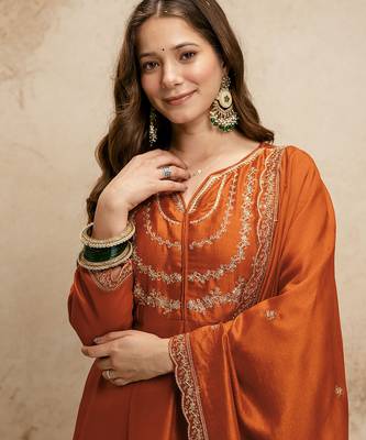 Orange vichitra silk embroidered kurti sharara set with dupatta 4