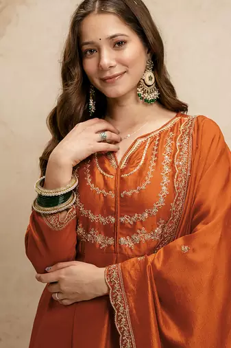 Orange vichitra silk embroidered kurti sharara set with dupatta