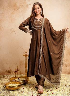 brown vichitra silk embroidered kurti sharara set with dupatta 1