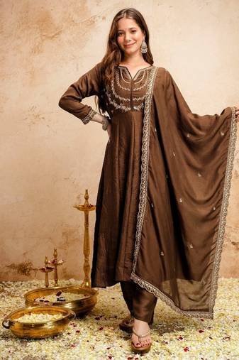 brown vichitra silk embroidered kurti sharara set with dupatta
