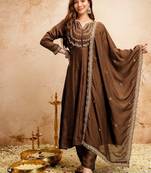 brown vichitra silk embroidered kurti sharara set with dupatta