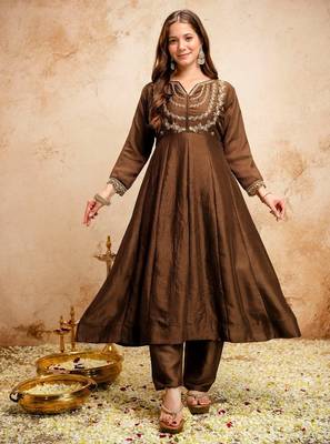 brown vichitra silk embroidered kurti sharara set with dupatta 2