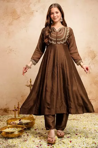 brown vichitra silk embroidered kurti sharara set with dupatta
