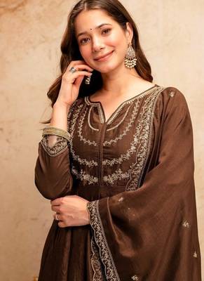 brown vichitra silk embroidered kurti sharara set with dupatta 3