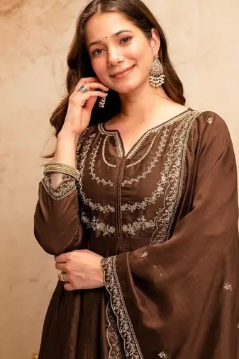 brown vichitra silk embroidered kurti sharara set with dupatta