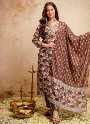 Brown magic cotton printed kurta set with dupatta & pant | v-neck embroidered kurti 1