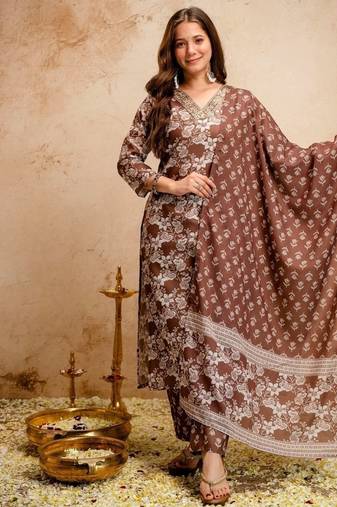 Brown magic cotton printed kurta set with dupatta & pant | v-neck embroidered kurti