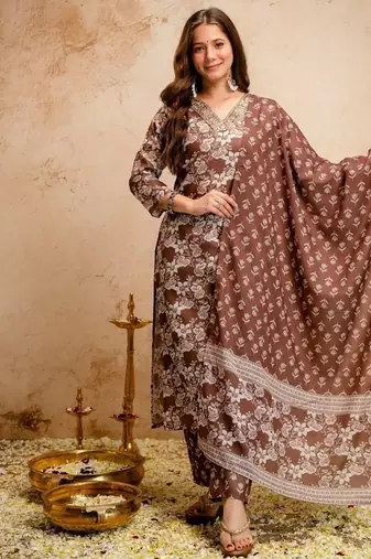 Brown magic cotton printed kurta set with dupatta & pant | v-neck embroidered kurti