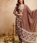 Brown magic cotton printed kurta set with dupatta & pant | v-neck embroidered kurti