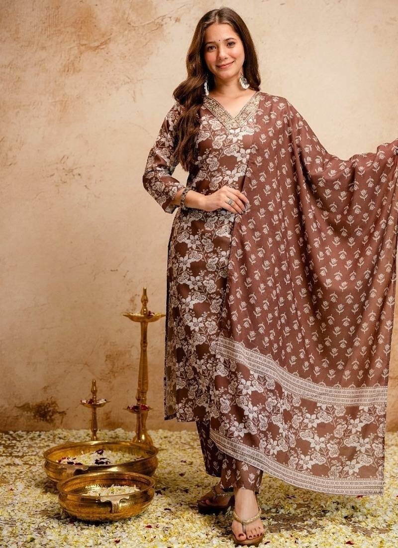Brown magic cotton printed kurta set with dupatta & pant | v-neck embroidered kurti