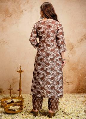 Brown magic cotton printed kurta set with dupatta & pant | v-neck embroidered kurti 2