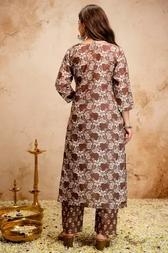 Brown magic cotton printed kurta set with dupatta & pant | v-neck embroidered kurti