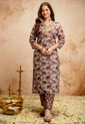 Brown magic cotton printed kurta set with dupatta & pant | v-neck embroidered kurti 3
