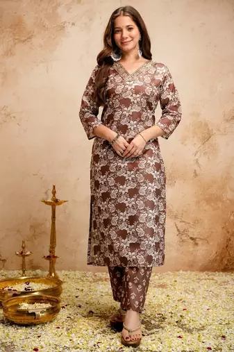 Brown magic cotton printed kurta set with dupatta & pant | v-neck embroidered kurti