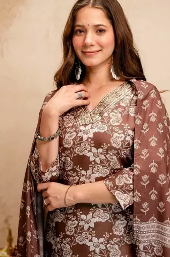 Brown magic cotton printed kurta set with dupatta & pant | v-neck embroidered kurti