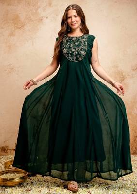 Dark green georgette embroidered anarkali dress with cape (no bottom) sleeveless party wear 1